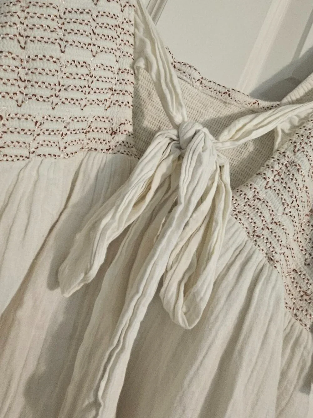 Free People Ivory Cotton Gauze Smocked Tie Back Mini Dress Size Small